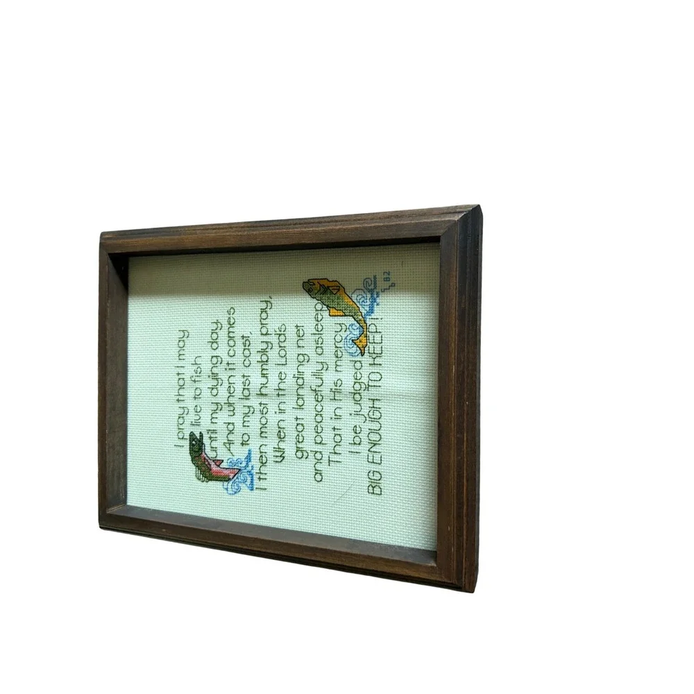 Vintage 1982 Fisherman's Prayer Cross Stitch Framed Art Trout Fishing Decor 8x10